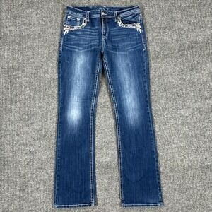 Grace in LA Womens Bootcut Jeans Size 31 Blue Denim Embellished Pockets Mid Rise